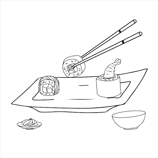 Sushi Cartoon isolated plate with chopsticks and rolls with rice salmon for food with soy sauce wasabi and ginger at sushi bar or Japanese Restaurant of Asian cuisine Vector weekend isolated