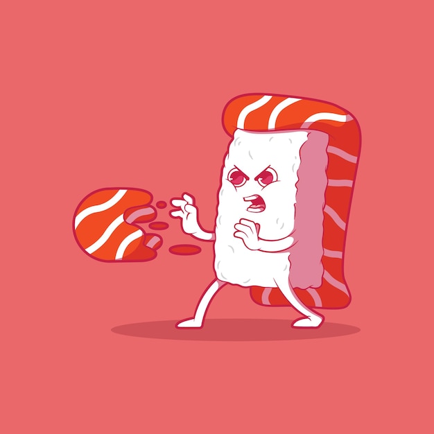 Sushi character launching salmon power vector illustration Gaming food funny design concepts