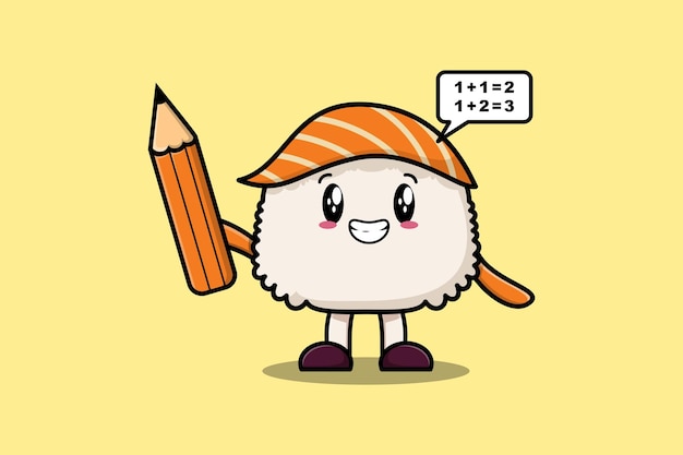 Sushi cute cartoon clever student with pencil style design in flat modern style design