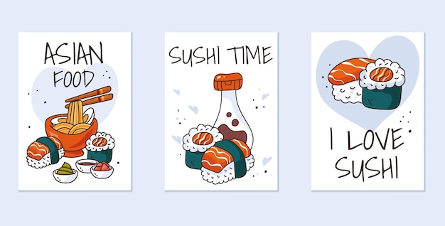 Sushi cute japanese food banner poster cards concept collection set