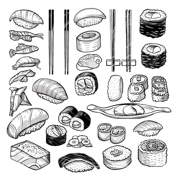 Vector sushi flat vector linear tem set illustration high quality