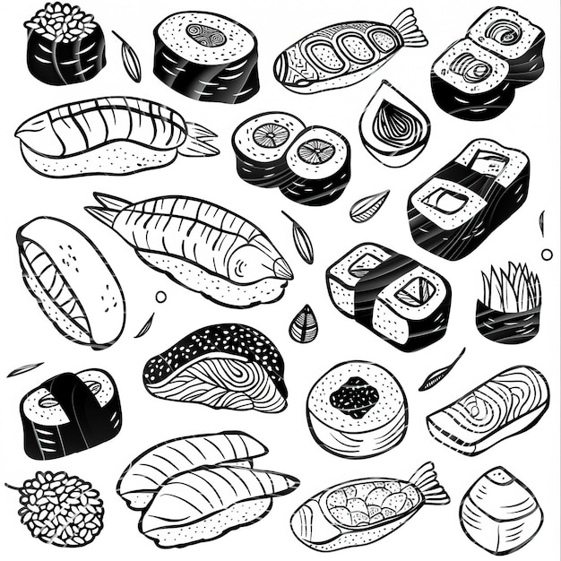 Vector sushi flat vector linear tem set illustration high quality