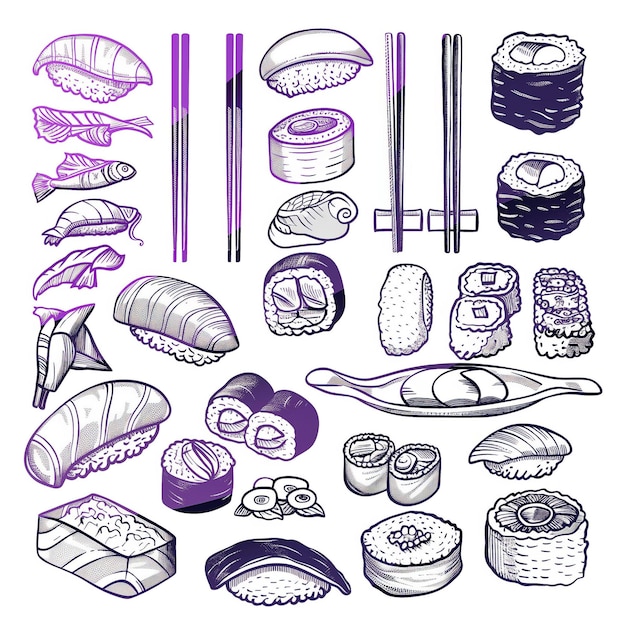 Vector sushi flat vector linear tem set illustration high quality