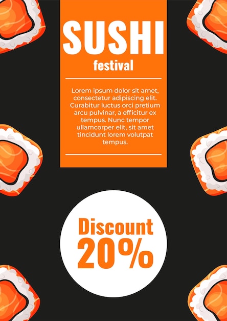 Sushi flyer with 20 percent discount for asian festival Rolls with salmon and nori