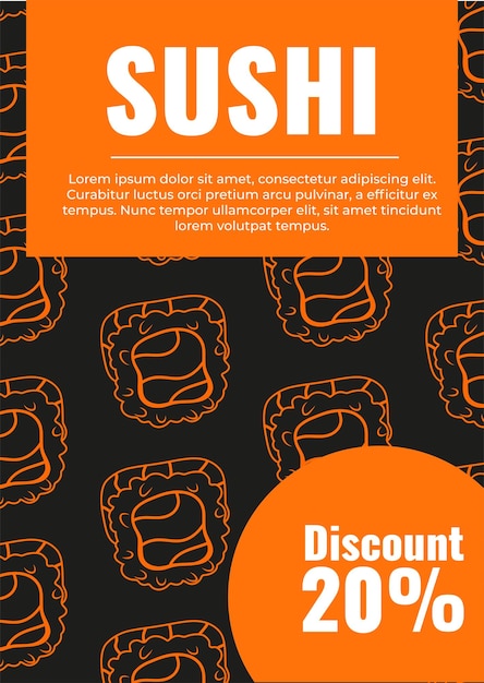 Sushi flyer with 20 percent discount with pattern with rolls Rolls with salmon and nori