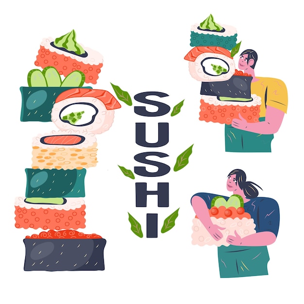 Sushi food banner or poster hand drawn design flat vector illustration