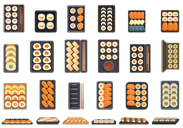 Sushi to go icons set cartoon vector Food package