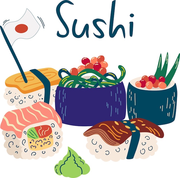 Sushi Japanese food Healthy food from rice nori and fish Clipart element for printing advertising menus restaurant and web design Vector illustration cartoon style