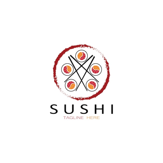 Sushi logo templateVector Icon Style Illustration Bar or Shop SushiSalmon RollSushi and rolls with chopstick bar or restaurant vector logo template