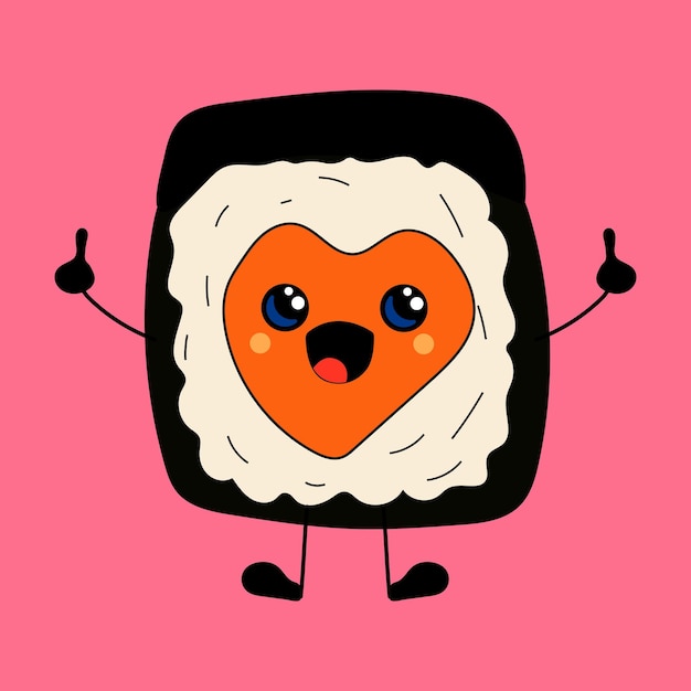 Sushi Love concept Cute happy funny smiling sushi,roll with kawaii eyes. Vector in cartoon style.