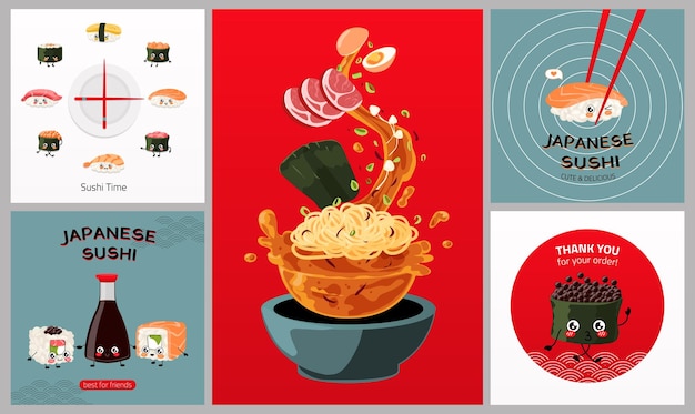 Sushi poster Cartoon banners with Japanese cuisine dishes Rice with seafood vegetables and sauces Ramen soup or sashimi Food mascots with cute faces Vector restaurant menu covers set