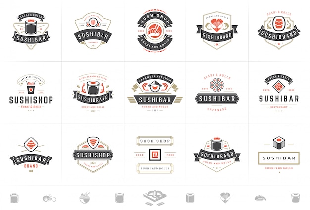 Sushi restaurant logos and badges set japanese food with sushi salmon rolls