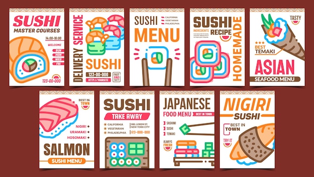 Sushi Roll Food Promotional Posters Set