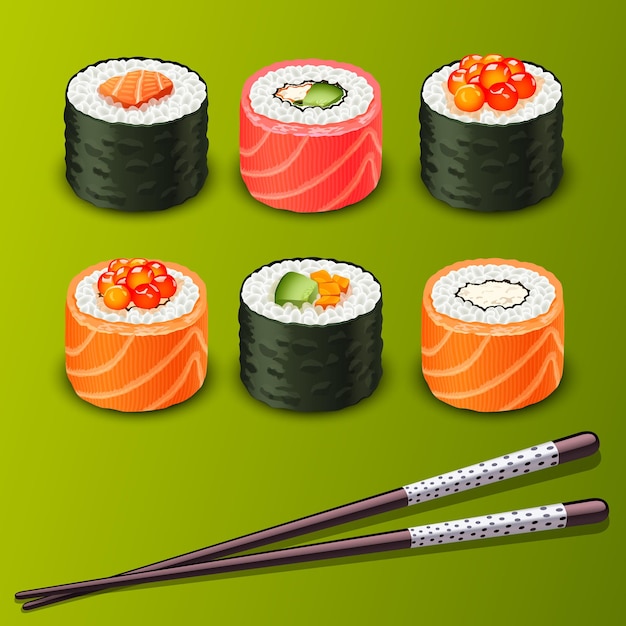 sushi roll set icons on green background