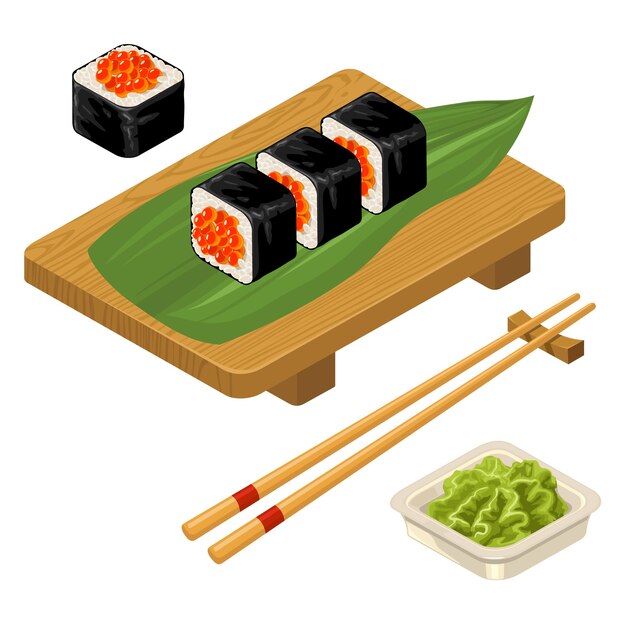 Vector sushi roll with caviar chopsticks wasabi in bowl and wood board vector flat color icon