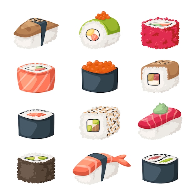 Sushi roll with salmon, smoked eel, selective food vector. 