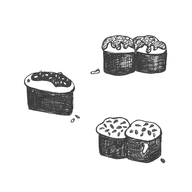 Sushi rolls doodle illustration. Asian food vector.