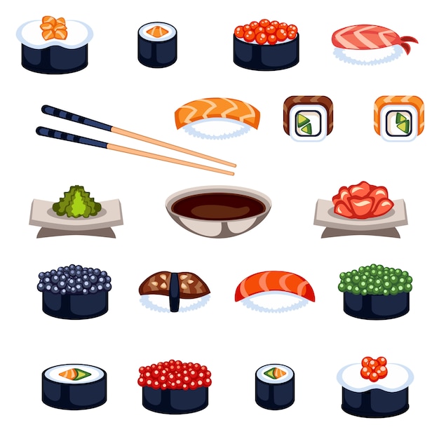 Sushi and rolls food vector icons