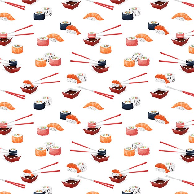 Sushi and rolls seamless pattern on white background Vector illustration of Japanese food menu Car