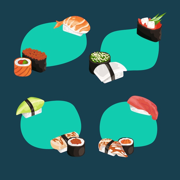 sushi and rolls types stickers set 