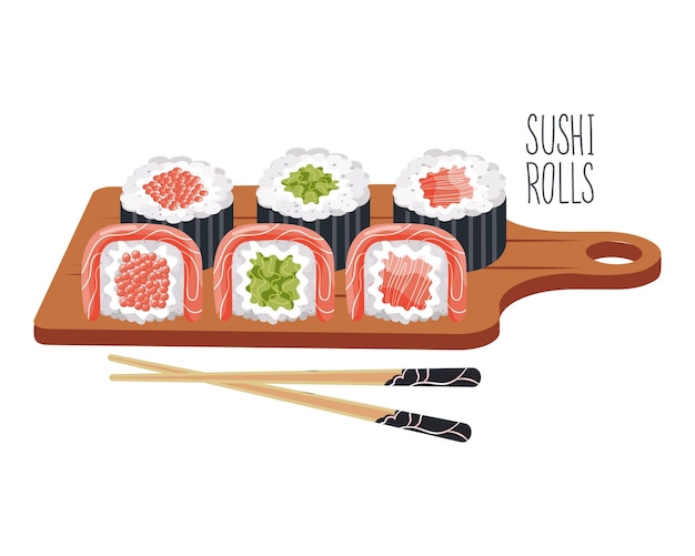 Sushi rolls on a wooden tray with chopsticks Asian food icon restaurant menu vector