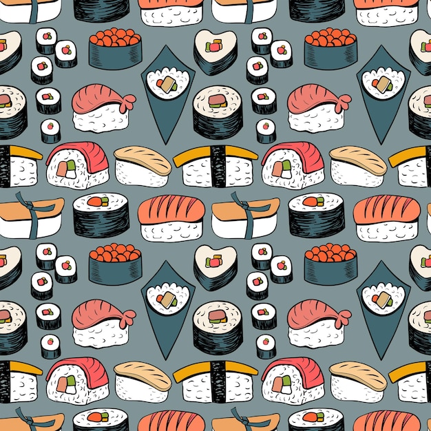 Sushi seamless background  Japanese food sushi and rolls Doodle