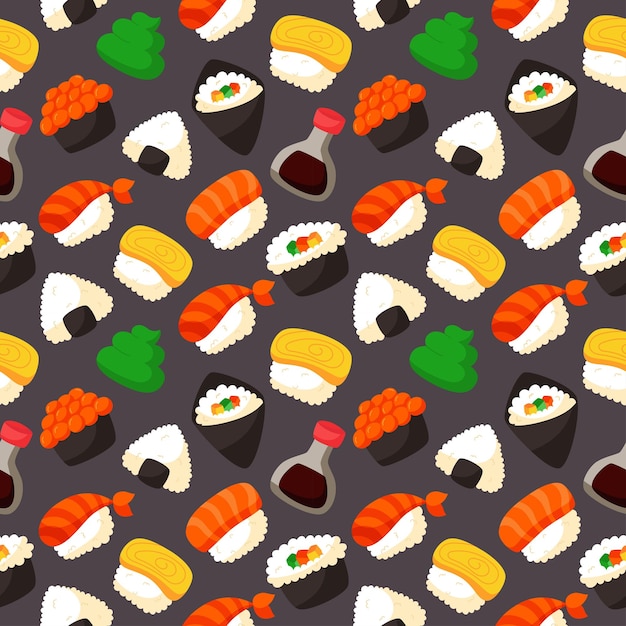 sushi seamless pattern japanese food on black background