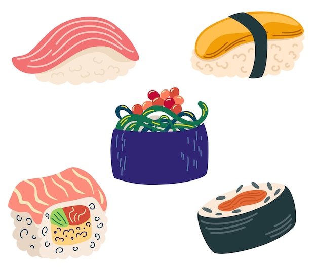 Sushi set Asian Food Perfect for restaurant cafe and print menus Vector hand draw cartoon illustration