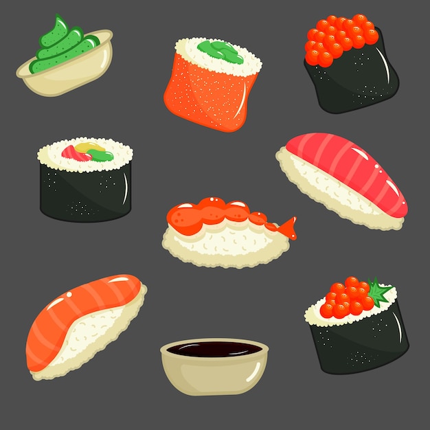 Sushi set. Asian Japanese restaurant food. Vector illustration.