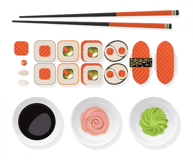 Sushi set. Rolls with salmon, chopsticks and  wasabi, ginger, soy sauce on a white plate. 