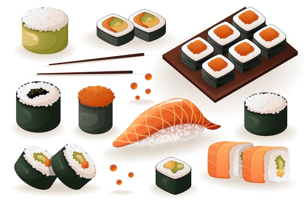 Sushi set This illustration is a set of sushi designs in a flat and cartoon style