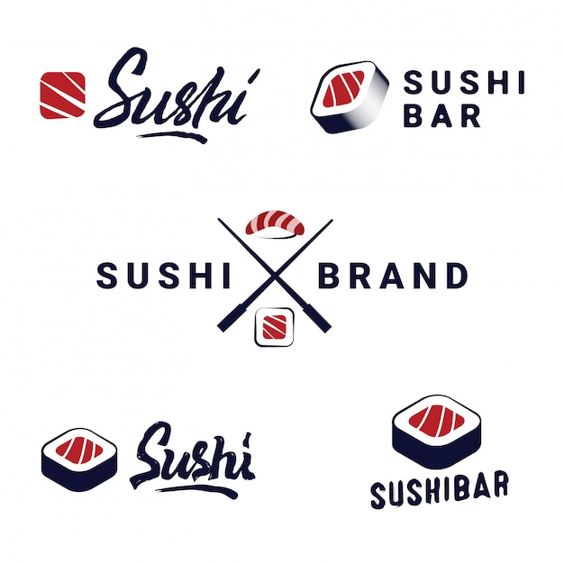 Sushi Shop Logos Templates Set. Vector objects and Icons for Japanese food cafe with salmon.