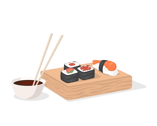 Sushi and soy sauce with chopsticks on wooden plate vector