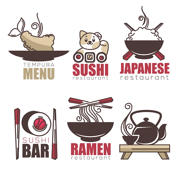 Sushi, tempura, ramen, tea, doodle cartoon logo template for your Japanese restaurant