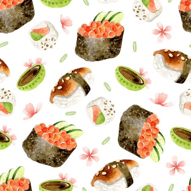 Sushi, unagi, caviar watercolor seamless pattern