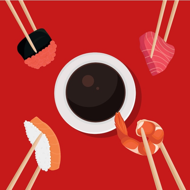 Sushi with chopsticks near soy sauce on a red background