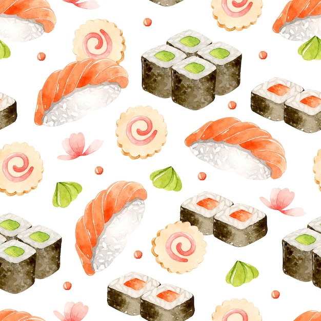 Sushi with salmon and avocado, wasabi and sakura flowers watercolor seamless pattern