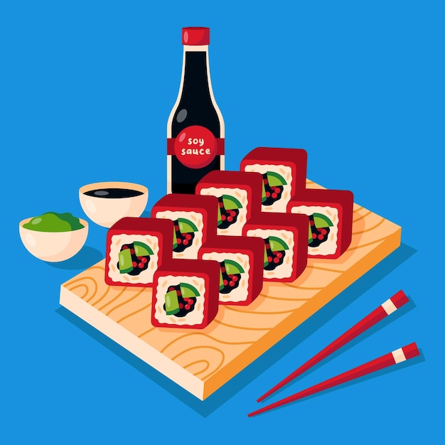 Sushi with soy sauce, wasabi and chopsticks on blue background.