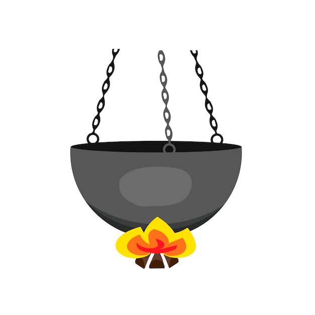 Suspended cast iron boiler on fire The cooking process Vector illustration sketchA symbol of the hearth