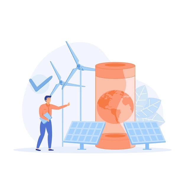 Sustainability, Characters using green electricity, windmills and solar panels. Reduce carbon footprint. flat vector modern illustration