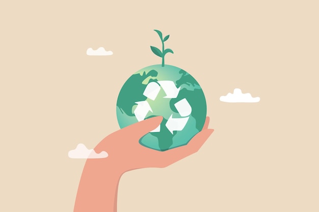 Sustainability ecology or renewable energy to save the world from climate change or global warming environmental safe or recycle concept hand holding sustainable green world with recycle symbol