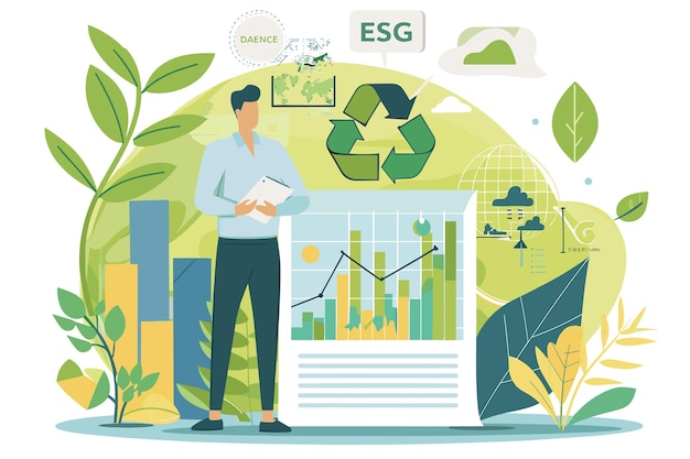 Vector sustainability reporting and green business initiatives outline hands concept