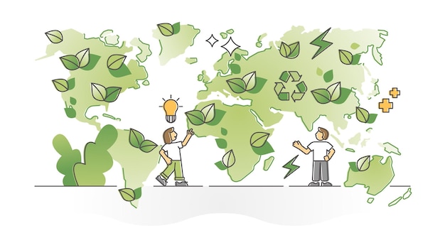 Sustainability world map with recyclable resources cities outline concept. Abstract most alternative energy consumption spots on earth vector illustration. Environment friendly places for green life.