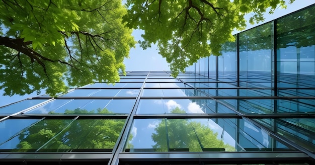 Vector sustainable business building with a reflection of green trees in its windows