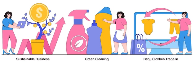 Sustainable business green cleaning baby clothes tradein concept with people character Environmentally friendly business vector illustration set Second hand eco service save ecosystem metaphor