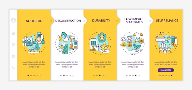 Sustainable city design yellow onboarding template Urban planning innovations Responsive mobile website with linear concept icons Web page walkthrough 5 step screens LatoBold Regular fonts used