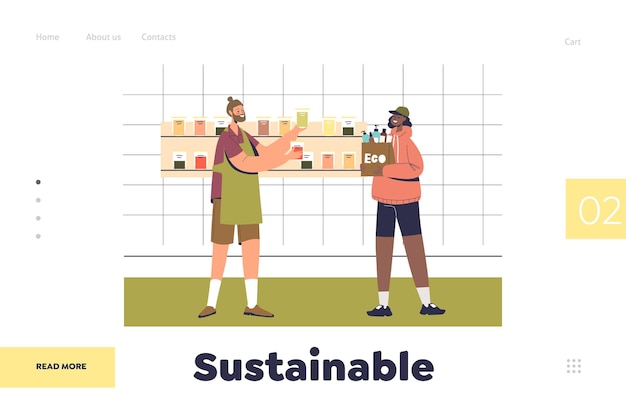 Sustainable concept of landing page with hipster man buy organic food in eco friendly store