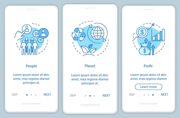 Sustainable development onboarding mobile app page screen template. People, planet and profit walkthrough website steps. Resource management. Triple bottom line. TBL. UX, UI, GUI smartphone interface