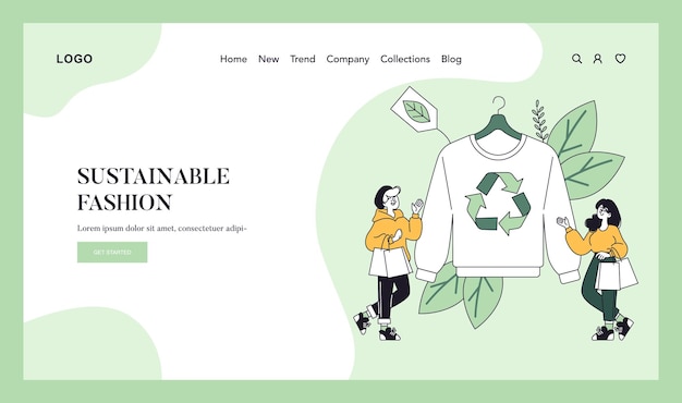 Vector sustainable fashion concept ecoconscious clothing showcased by figures beside a recycle