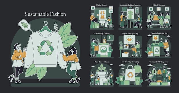 Sustainable fashion concept illustrates the ecofriendly clothing lifecycle from design to recycling